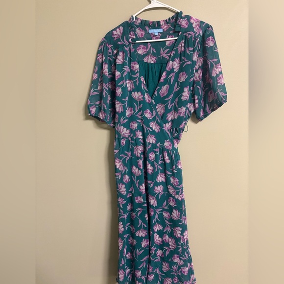 Draper James RSVP Tie Waist Midi Wrap Dress Teal & Pink Floral Print Size XL - Picture 3 of 9